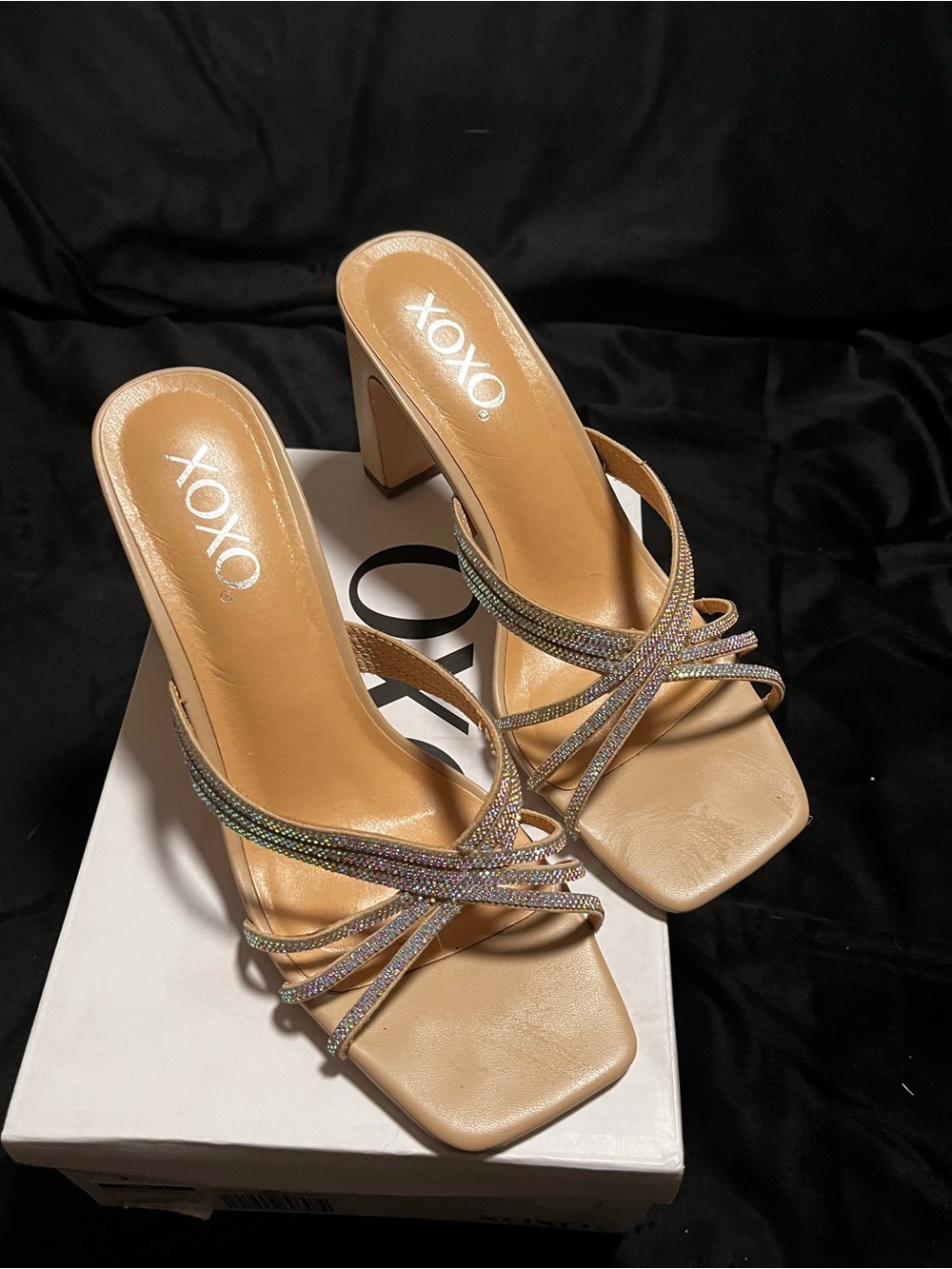 XOXO Nude Rhinestone Strappy Block Heel Sandals